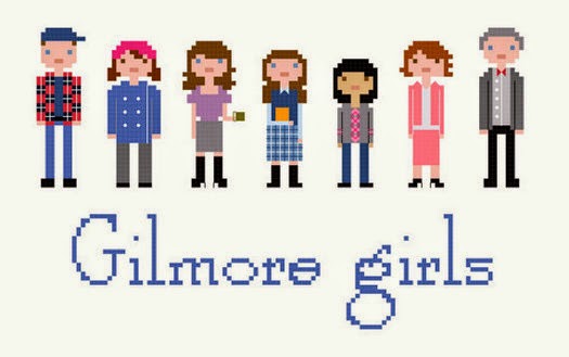 A pixellated cross-stitch of the main characters