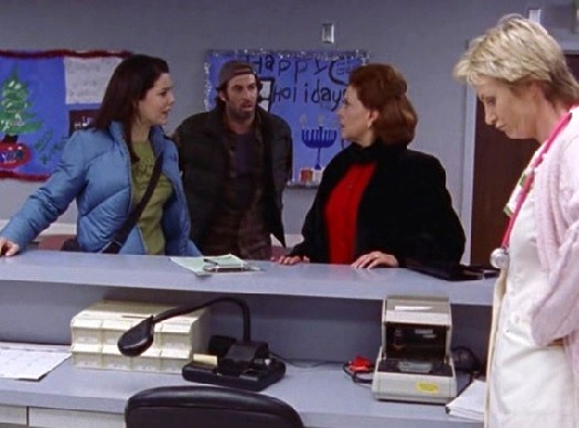 Lorelai, Luke, Emily and Jane Lynch at the hospital
