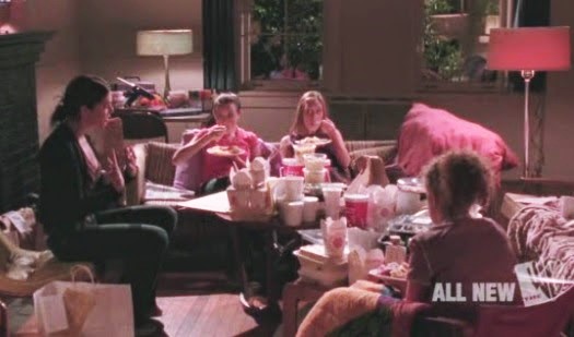 Lorelai, Rory, Paris and Tana indulging in some good lookin' takeout