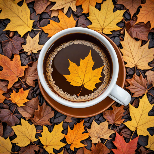 A mug of dark coffee ensconced by autumnal maple leaves